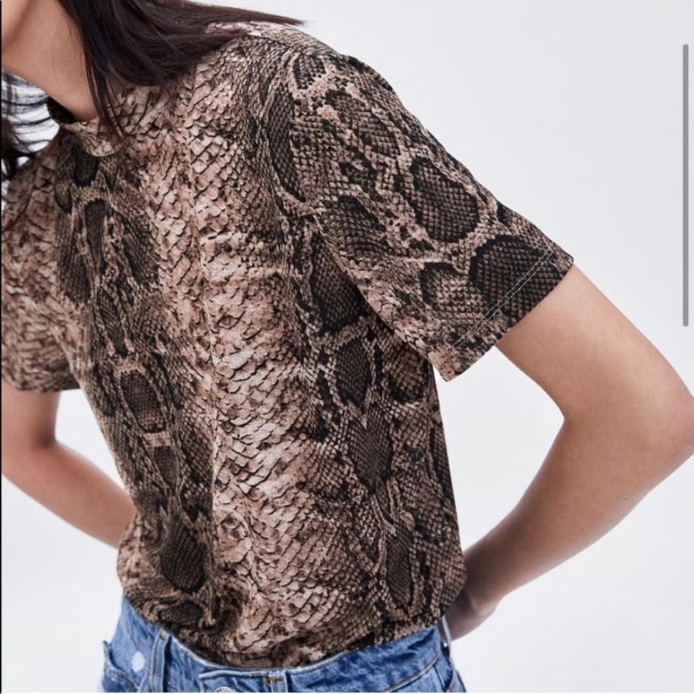 ZARA Snake Print Mock Neck Mesh Top Brown Earthy Grunge Indie Sleek Chic Small